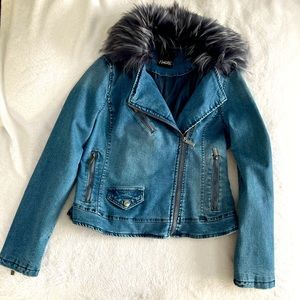 Nanette Lepore denim jacket with fur collar, Size XS